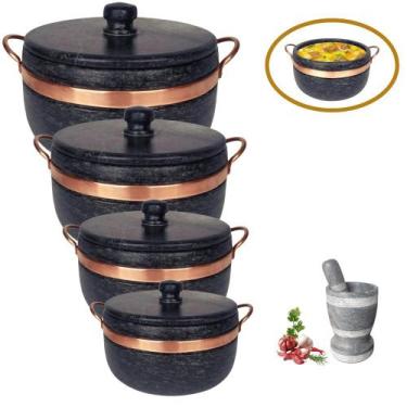 Imagem de Jogo com 4 Panelas de Pedra Sabão + Pilão Alto - Arte Nativa