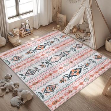 Imagem de Tapete Boho para sala de estar, 10 x 15 cm, laranja, marroquino ocidental, lavável à máquina, tapete boho macio para quarto, tapete grande macio para sala de jantar, escritório, antiderrapante