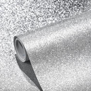 Imagem de WENMER Papel de parede prateado com glitter, 45 cm x 199 cm, papel de parede prateado com glitter para quarto, papel de parede brilhante removível autoadesivo, papel de contato prateado para gavetas e