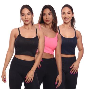 Imagem de Kit 3 Top Cropped Alcinha Canelado Feminino Lisa Básica - Brás e Cia, 