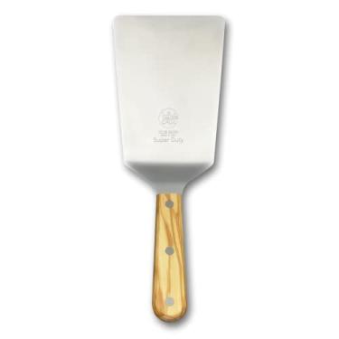 Imagem de DUE BUOI Espátula Larga Super Duty Com Cabo De Madeira Oliveira E Rebites Aço Inoxidável - Lâmina 10 Cm X 16 Cm, Ideal Para Hambúrgueres, Churrascos, Chapas Massas. Antiaderente Durável.
