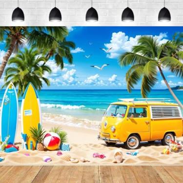 Imagem de Tecido 3 x 2,4 m pano de fundo de praia de verão decoração de festa havaiana carro vintage praia com fundo de prancha de surf Havaí Tropical Luau Aloha palmeira fotografia adereços de vinil