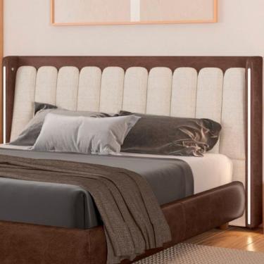 Imagem de Cabeceira Casal Com LED Yeon Nobuck Marrom / Linho Off White - Sallar 