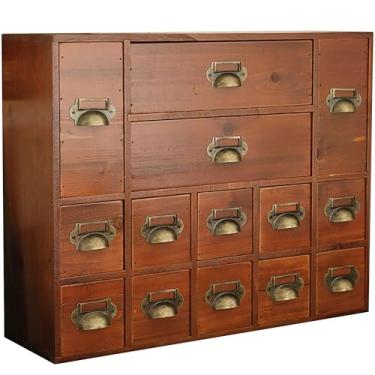 Imagem de Armário de boticário com 14 gavetas - Organizador de cartão de índice - Cômoda em miniatura - Organizador de alça de latão - Armazenamento de artes e artesanato infantil - Organizador de gaveta de