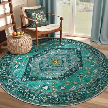 Imagem de SERISSA Tapete Boho redondo, tapete circular lavável antiderrapante de 1,2 m, ultramacio, oriental, vintage, azul-petróleo, pequeno, tapete circular para quarto, entrada, quarto de crianças