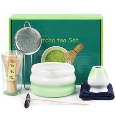 Imagem de Conjunto de batedor Matcha, kit de 7 peças para fazer matcha com batedor e tigela Matcha, suporte de batedor de cerâmica, suporte de colher, peneira, colher, toalha de chá, presente perfeito para