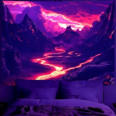 Imagem de BVBOX Tapeçaria de Luz Negra Fantasia Aurora Tapeçarias UV Reactive Creek Arte de Parede Pendurada Paisagem Neon Pôster de Festa Brilha no Escuro para Quarto, Sala de Estar (Lava Vulcânica, 200,7 cm x