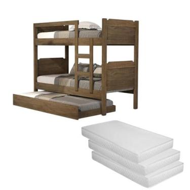 Imagem de Conjunto Para Quarto Solteiro Com Beliche Cama Auxiliar MDF 3 Colchões
