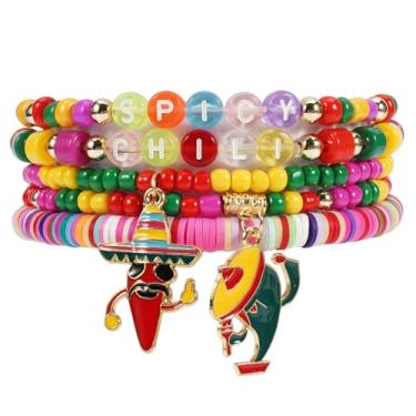 Imagem de Lonext Cinco de Mayo Pulseira de contas empilhável Mexicana Fiesta Pulseira elástica Natal Sombrero Pimenta Pimenta Pinata Festiva Pulseiras Berloques, One Size, Argila, Sem Pedra Preciosa