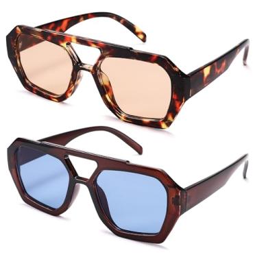 Imagem de Hycredi Óculos de sol aviador retrô para mulheres e homens, óculos de sol com armação grossa hexagonal, quadrados, ponte dupla, marrom/azul + leopardo/marrom claro, M