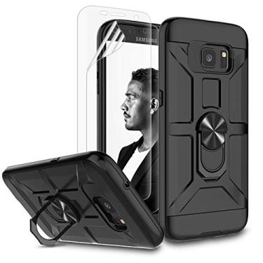 Imagem de Jeylly Capa para Galaxy S7 Edge, capa S7 Edge com protetor de tela HD, suporte de anel de metal giratório 360 [funciona com suporte magnético para carro] Capa resistente à prova de choque para Galaxy