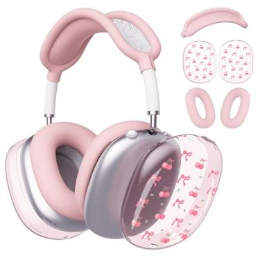 Imagem de BlHMCASE Capa de fone de ouvido para AirPods Max, lindo laço rosa cereja transparente, capa de silicone rosa para fones de ouvido para Apple AirPods Max