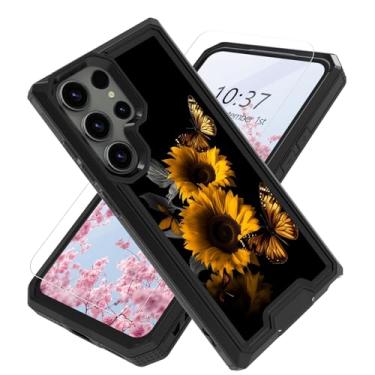 Imagem de Capa para Samsung Galaxy S24 Ultra com protetor de tela, resistente, à prova de choque, à prova de quedas, 2 em 1, capa protetora robusta para Samsung S24 Ultra 6,8 polegadas, girassóis e borboletas