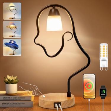Imagem de Elenhome Luminária De Mesa Moderna Com Controle Por Toque - Criativa Chapéu E Portas Usb-C A, Cabeceira Fofa, Base Madeira, Cúpula Vidro, Luminárias Exclusivas Para Decoração Casa, Sala Estar, Prese