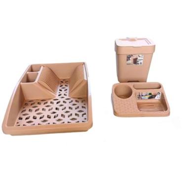 Imagem de Kit Organizador para Pia de Cozinha 3 Peças, Escorredor de Louças, Porta Detergente e Lixeira com Tampa, Bege