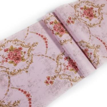 Imagem de Papel de parede vintage rosa damasco descascar e colar à prova d'água removível vinil autoadesivo prateleira gaveta forro armário móveis decoração de quarto 45 cm x 10 m