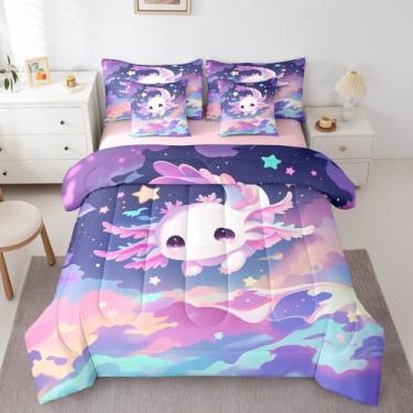 Imagem de Erosebridal Jogo de cama de axolote kawaii rosa fofo Axolotl completo com 7 peças de desenho animado salamandra animal para crianças, meninas, mulheres, arco-íris, nuvens, estrelas, vida selvagem