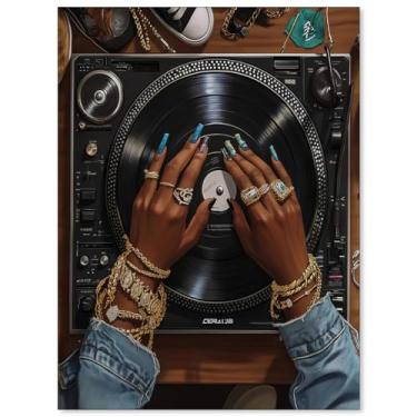 Imagem de Pôster de mulher negra moda música disco de vinil arte de parede moderna menina urbana impressões em tela vintage amante de música para quarto galeria decoração de parede 12x16 sem moldura