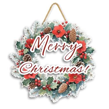 Imagem de Kercan Decoração de parede de guirlanda de Feliz Natal, decoração de casa de fazenda de madeira de 28 cm, decoração de inverno com pinhas e decoração de varanda frontal de azevinho