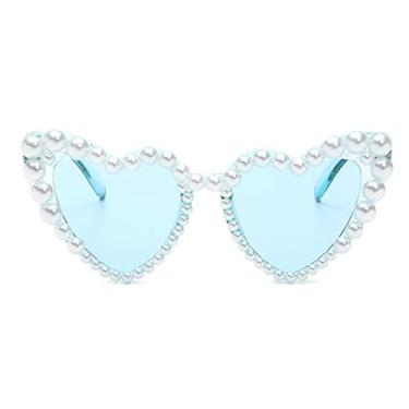 Imagem de COTIA Óculos De Sol Luxuosos E Finos Com Pérolas Brilhantes, Estilo Coração, Casual Brilhante (Azul)