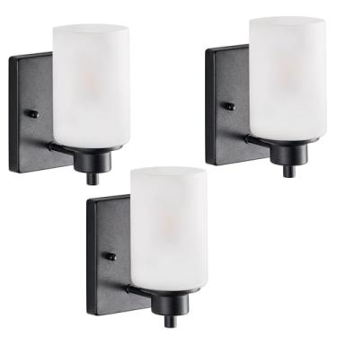 Imagem de Youroke Pacote com 3 arandelas de parede modernas, luminária de banheiro para sala de estar, varanda, cabeceira, acabamento preto com cortinas de vidro fosco branco luzes montadas na parede