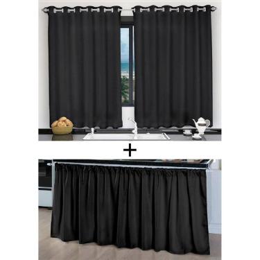 Imagem de Kit Cortina De Cozinha E Pia Balcão Tecido Liso Preto