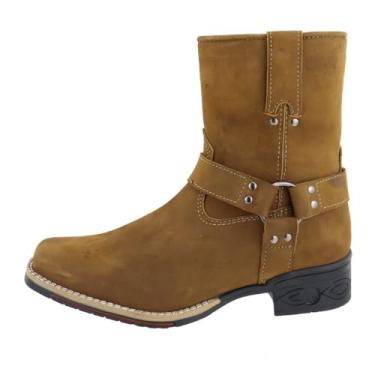 Imagem de Bota Country Couro Cano Médio Aplicaçoes Argola Lateral Sola Borracha Costurada Palmilha EVA Tamanho:39;Cor:Caramelo;Gênero:Masculino;Departamento BS:Esporte
