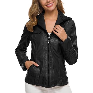 Imagem de Moda Jaqueta De Couro Feminina, Capuz Removível Algodão Shacket Jacket Mulheres, Black, 3XL