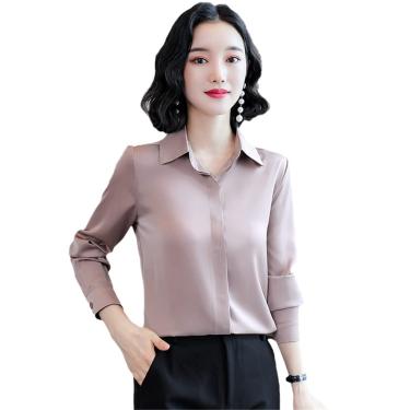 Imagem de Blusas Casuais Femininas Camisas De Cetim De Seda Vintage Hidden Breasted Office Lady Tops Formais, Lotus Root Pink, L