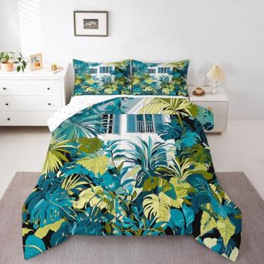 Imagem de jejeloiu Conjunto de edredom Queen com folhas tropicais e folhas tropicais para meninos e meninas, verão, ramos botânicos, natureza, edredom e decoração de quarto
