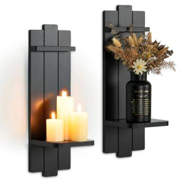 Imagem de Walasis Suporte de vela preto decoração de parede de casa de fazenda - grande prateleira de parede rústica de madeira para vasos de velas de pilar - decoração gótica para banheiro, sala de estar