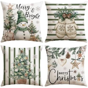 Imagem de OTOSTAR Conjunto de 4 capas de almofada Merry Christmas, 45,7 x 45,7 cm, luvas de boneco de neve alegre e brilhante, listradas, verde, decorativas, capas de almofada de inverno para sofá