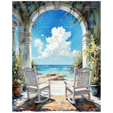 Imagem de Kit de pintura à beira-mar por números para adultos - cadeiras de balanço DIY e pintura de vista de praia em tela 40,6 x 50,8 cm, conjunto de tinta acrílica para iniciantes, arte costeira para