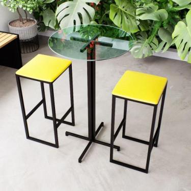 Imagem de Conjunto Mesa Alta Bar Bistrô Redonda Vidro 2 Bancos Estofado Industri