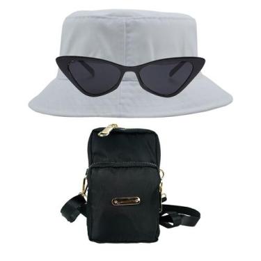 Imagem de Kit Com Chapéu Bucket Hat, Bolsa Pequena Feminina Transversal E Oculos