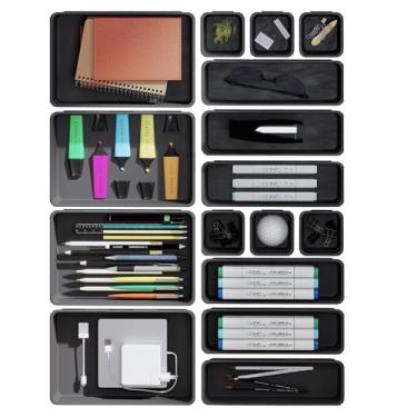 Imagem de Separadores organizadores de gavetas, sistema de armazenamento de 16 peças, azul cinza, para escritório, cozinha, banheiro, para armazenar cosméticos, suprimentos de costura, acessórios, joias