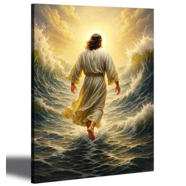 Imagem de Arte de parede em tela Jesus emoldurada decoração cristã andando na água imagem para sala de estar quarto 30,5 x 40,6 cm