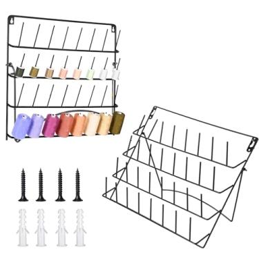 Imagem de LOLYSIC Pacote com 2 suportes de linha para parede, 32 carretéis de linha, rack de linha de costura de metal, organizador de parede com ferramentas de pendurar, prateleiras grandes, organizador de