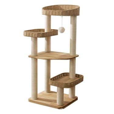 Imagem de SHENGOCASE Torre de árvore de gato de madeira natural, 3 camas de vime de vime, design de janela para gatos de até 9 kg