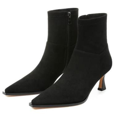 Imagem de Botas femininas Astroel, camurça preta, bico fino, salto de gatinho - 