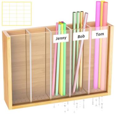 Imagem de NiHome Suporte de palha de bambu montado na parede com frente acrílica, organizador de palha de grande capacidade para porta de armário, compartimentos ajustáveis para utensílios, adesivos de etiqueta