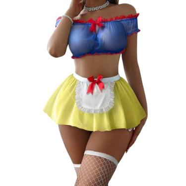 Imagem de Foxiny Conjunto de 4 peças de lingerie de renda transparente de malha sexy com calcinha fio dental, Azul royal, amarelo, 2X-Small