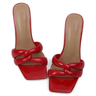 Imagem de iiimmu Salto Mule Heels 8,5 cm stiletto com bico quadrado sandálias de salto entrelaçadas em forma de tiras, Vermelho - Patente falsa, 42