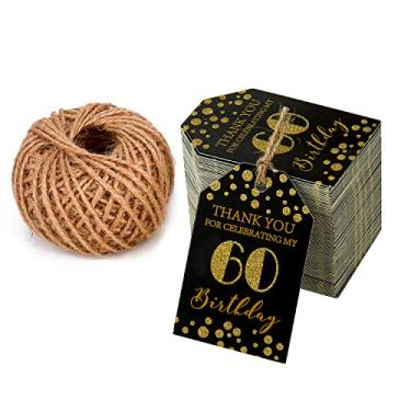 Imagem de WRAPAHOLIC Etiquetas de presente com cordão - 100 peças de etiquetas de papel de aniversário de 60 anos com barbante de juta natural de 30 metros para aniversário, lembrancinhas de festa