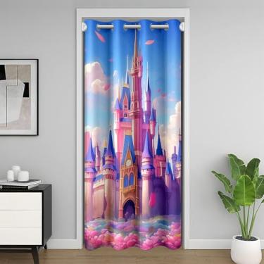 Imagem de Cortina de porta de castelo sonhador com desenho animado de castelo feminino para porta de armário, linda cortina blackout de princesa de conto de fadas para privacidade de quarto, decoração de quarto