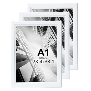 Imagem de KTKDE Conjunto de 3 porta-retratos A1, moldura de pôster de 59,4 x 84 cm de madeira branca - horizontal ou vertical para pendurar na parede para casa, exposição, moldura grande para fotos, pôsteres
