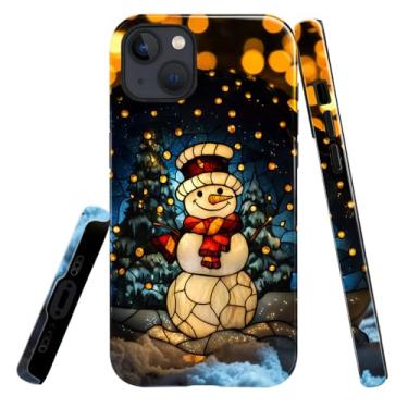 Imagem de heindiy Compatível com iPhone 14 Plus, capa brilhante, proteção total, à prova de choque, anti-arranhões, capa de TPU, capas para homem mulher - vintage Natal boneco de neve vitral