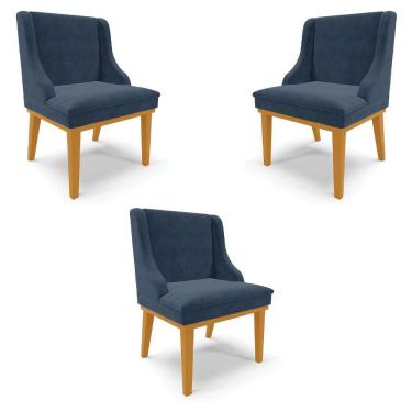 Imagem de Kit 3 Cadeiras Decorativas Sala De Jantar Base Fixa De Madeira Firenze Suede Azul Marinho/castanho
