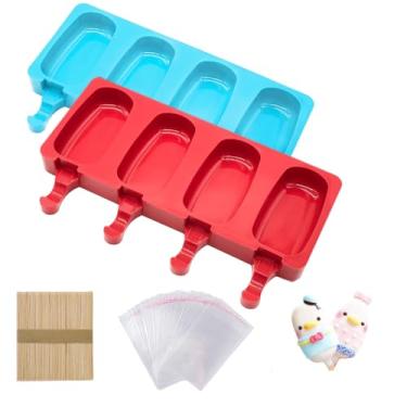 Imagem de Conjunto de 2 moldes de picolé, molde de silicone para bolos, molde oval para sorvete, 50 palitos de madeira e 50 sacos para picolé DIY