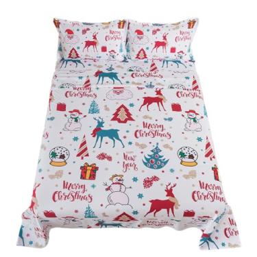 Imagem de qjmiaofang Jogo de lençol casal de árvore de Natal com estampa de floco de neve, 4 peças, para crianças, meninas, meninos, Papai Noel, boneco de neve, festival, decoração de casa